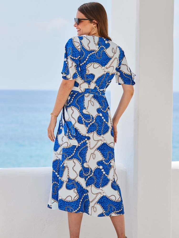 Sosandar Blue Kimono Sleeve Midi Wrap Dress - Image 2 of 5