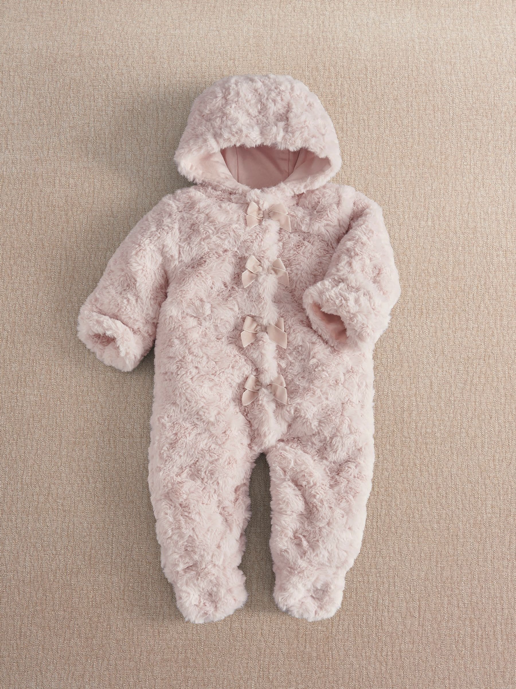 Mamas & Papas Unisex Newborn Pink Bow Faux Fur Pramsuit - Image 1