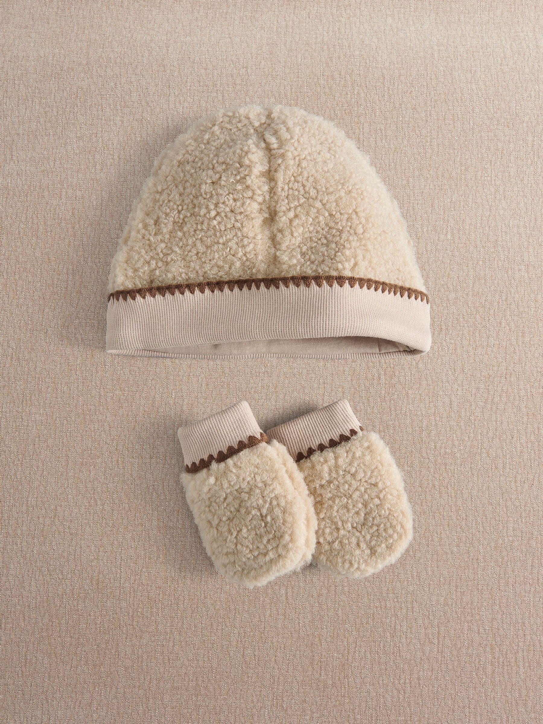 Mamas & Papas Baby Unisex Borg Hat & Mitts Set, Beige, Size 0-3 Months - Image 4