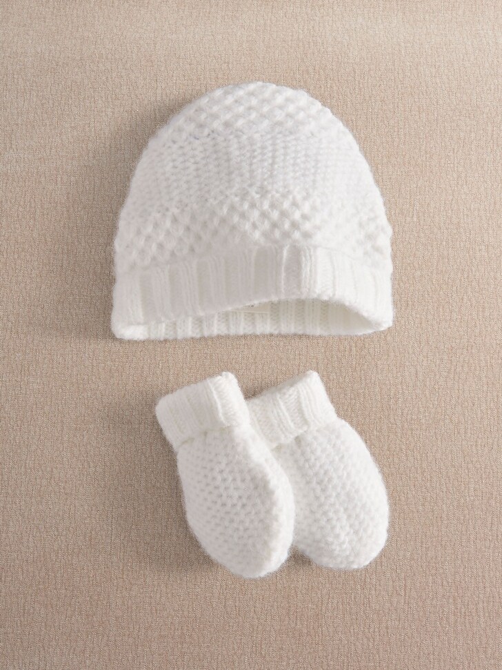 Mamas & Papas White Knitted Hat & Mitts Set