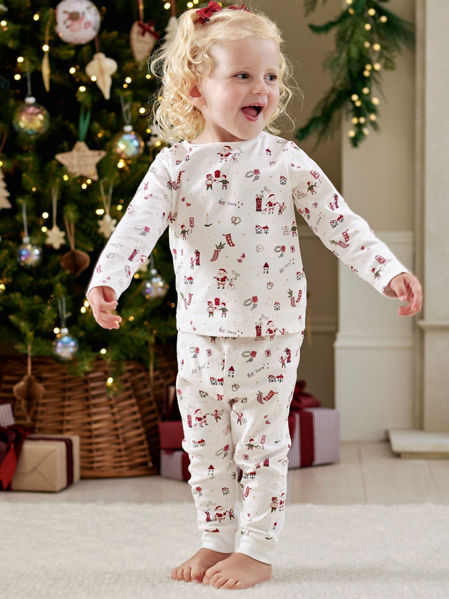 Mamas & Papas Baby Unisex Santa Christmas Print Pyjamas, White, Size Age: 6-9 Months - Image 3