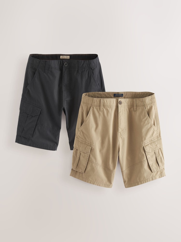 Navy Blue/Stone Natural 100% Cotton Cargo Shorts 2 Pack - Image 1 of 12