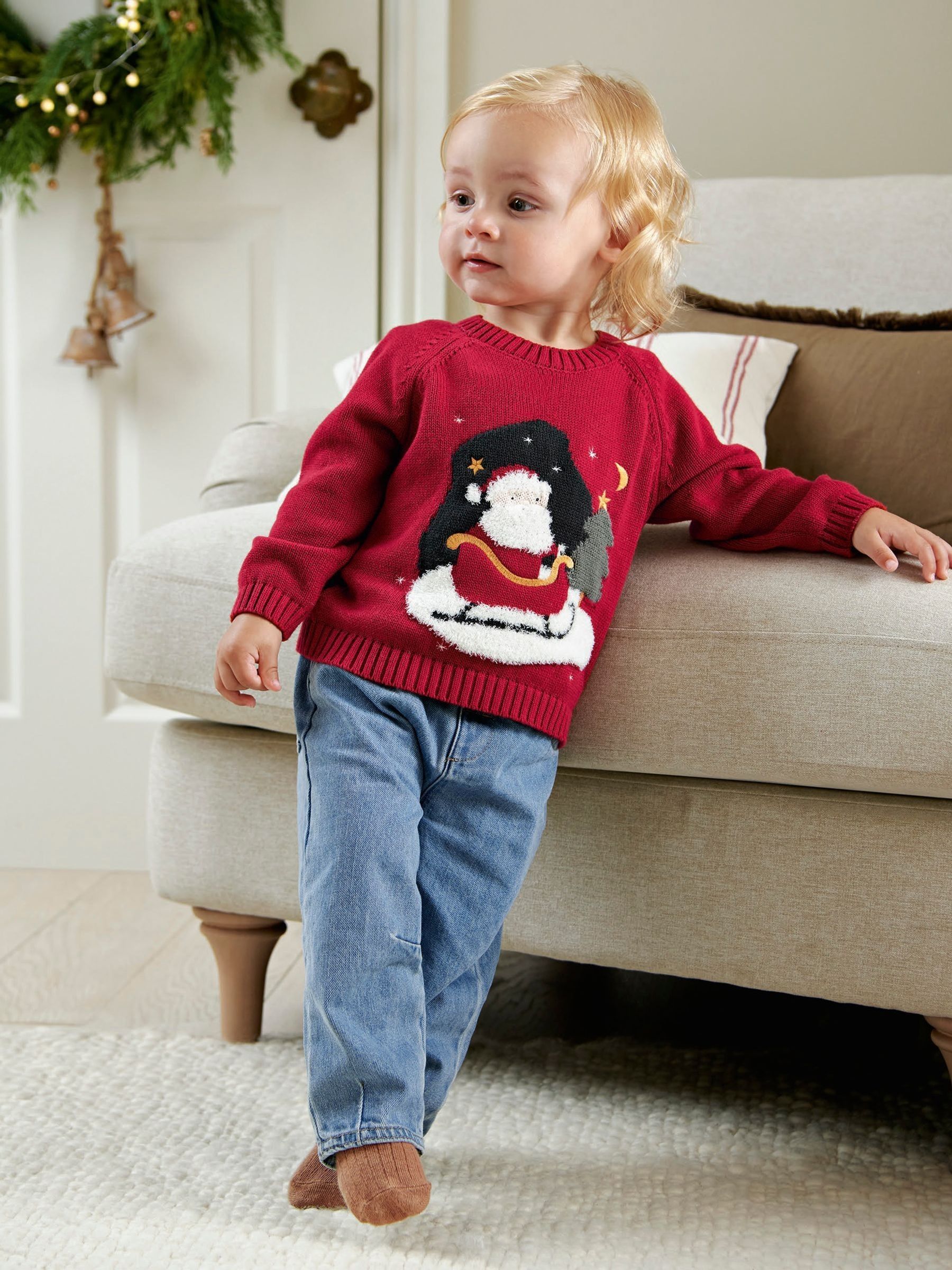 Mamas & Papas Baby Boys Santa Scene Knitted Christmas Jumper, Red, Size 6-9 Months - Image 3