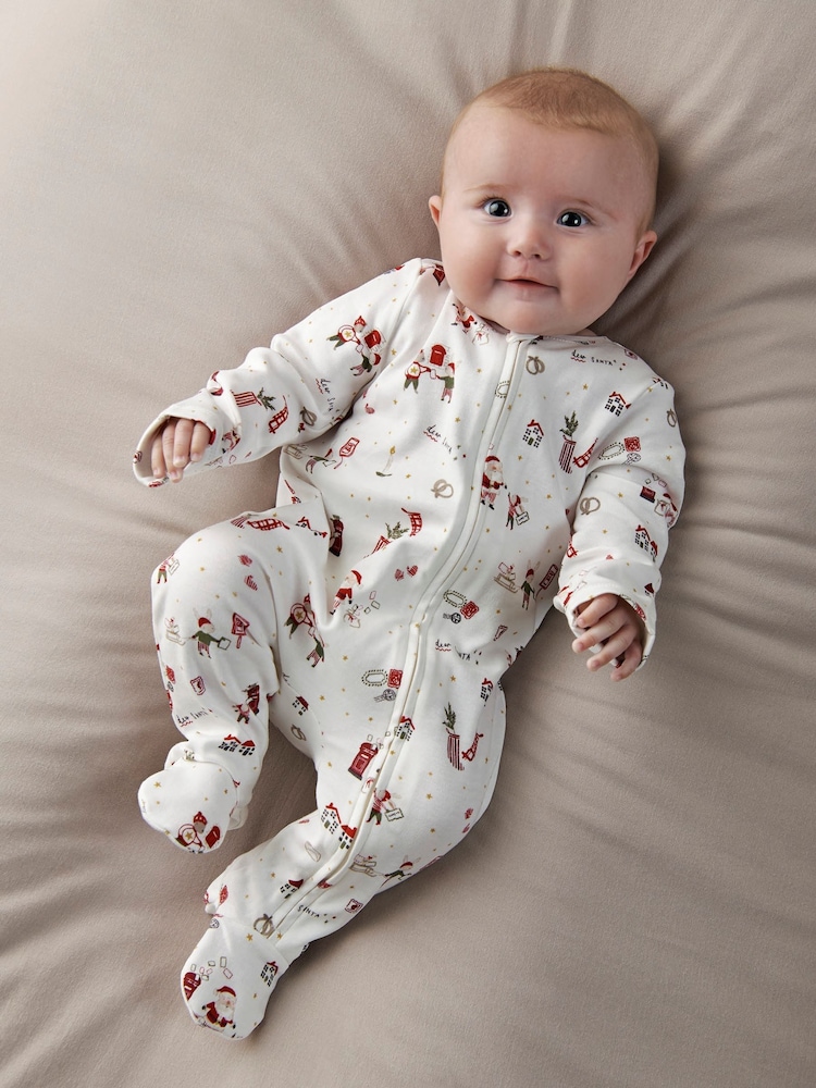 Mamas & Papas White Santa Christmas Print Sleepsuit - Image 1 of 7 Mamas & Papas White Santa Christmas Print Sleepsuit - Image 1 of 7