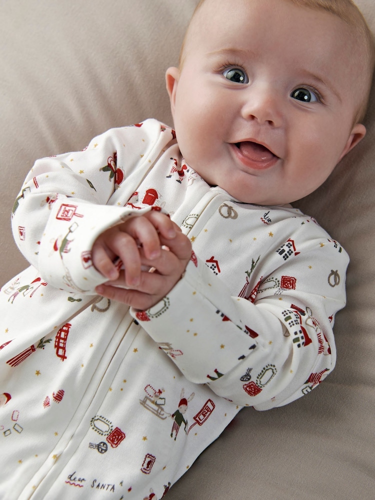 Mamas & Papas White Santa Christmas Print Sleepsuit - Image 2 of 7 Mamas & Papas White Santa Christmas Print Sleepsuit - Image 2 of 7