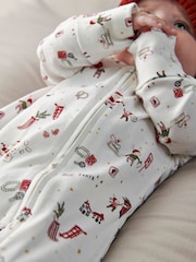 Mamas & Papas White Santa Christmas Print Sleepsuit - Image 3 of 7