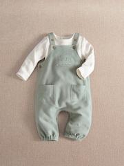 Mamas & Papas Green Tractor Embroidered Dungarees & Ribbed Top Set - Image 1 of 3