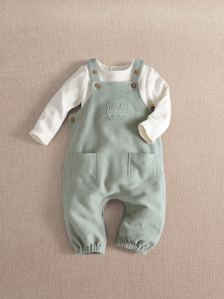 Mamas & Papas Green Tractor Embroidered Dungarees & Ribbed Top Set - Image 1 of 3