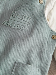 Mamas & Papas Green Tractor Embroidered Dungarees & Ribbed Top Set - Image 2 of 3