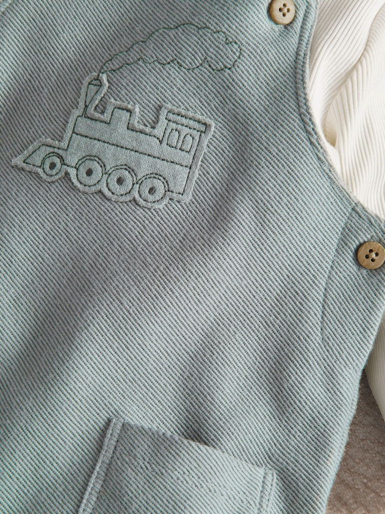 Mamas & Papas Green Tractor Embroidered Dungarees & Ribbed Top Set - Image 2 of 3