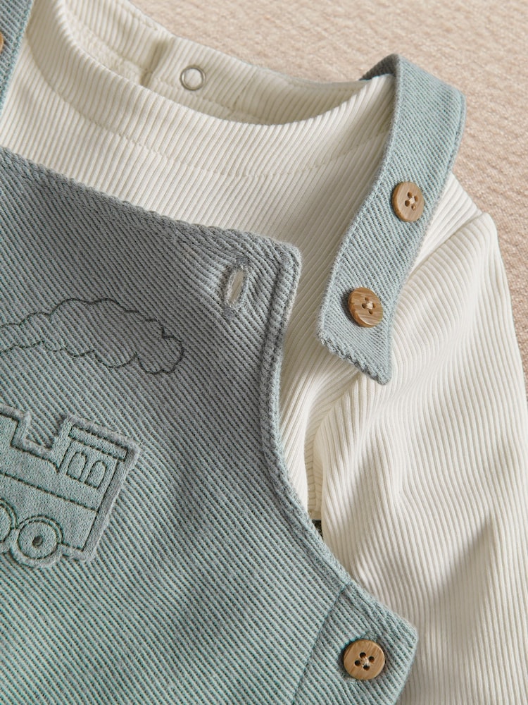 Mamas & Papas Green Tractor Embroidered Dungarees & Ribbed Top Set - Image 3 of 3