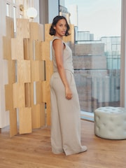 Бежево-коричневый - Льняные брюки в полоску с широкими штанинами Rochelle Humes - Изображение 2 из 6