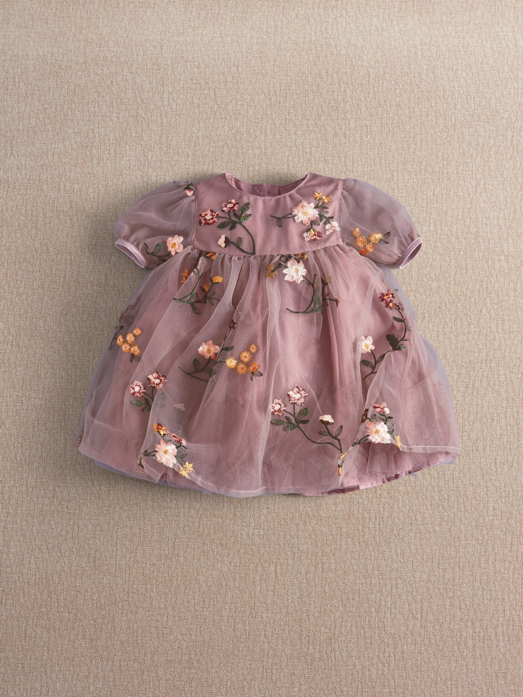 Mamas & Papas Unisex Newborn Purple Floral Embroidered Puff Sleeved Layered Dress - Image 1