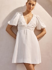 Forever New White Raffy V Neck Mini Dress contains Linen - Image 1 of 6