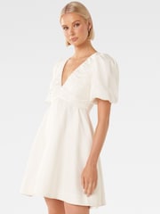 Forever New White Raffy V Neck Mini Dress contains Linen - Image 3 of 6