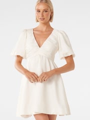 Forever New White Raffy V Neck Mini Dress contains Linen - Image 5 of 6