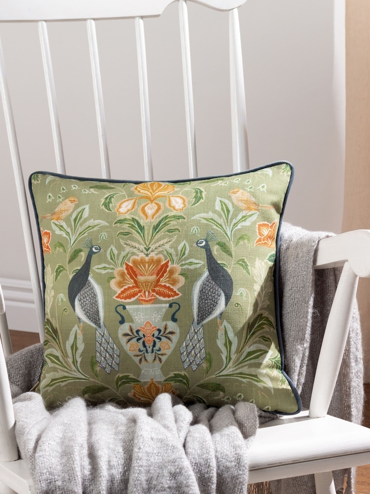 Evans Lichfield Green Chatsworth Peacock Country Floral Piped Cushion - Image 1 of 5