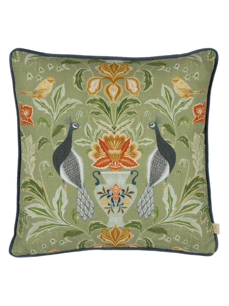 Evans Lichfield Green Chatsworth Peacock Country Floral Piped Cushion - Image 2 of 5