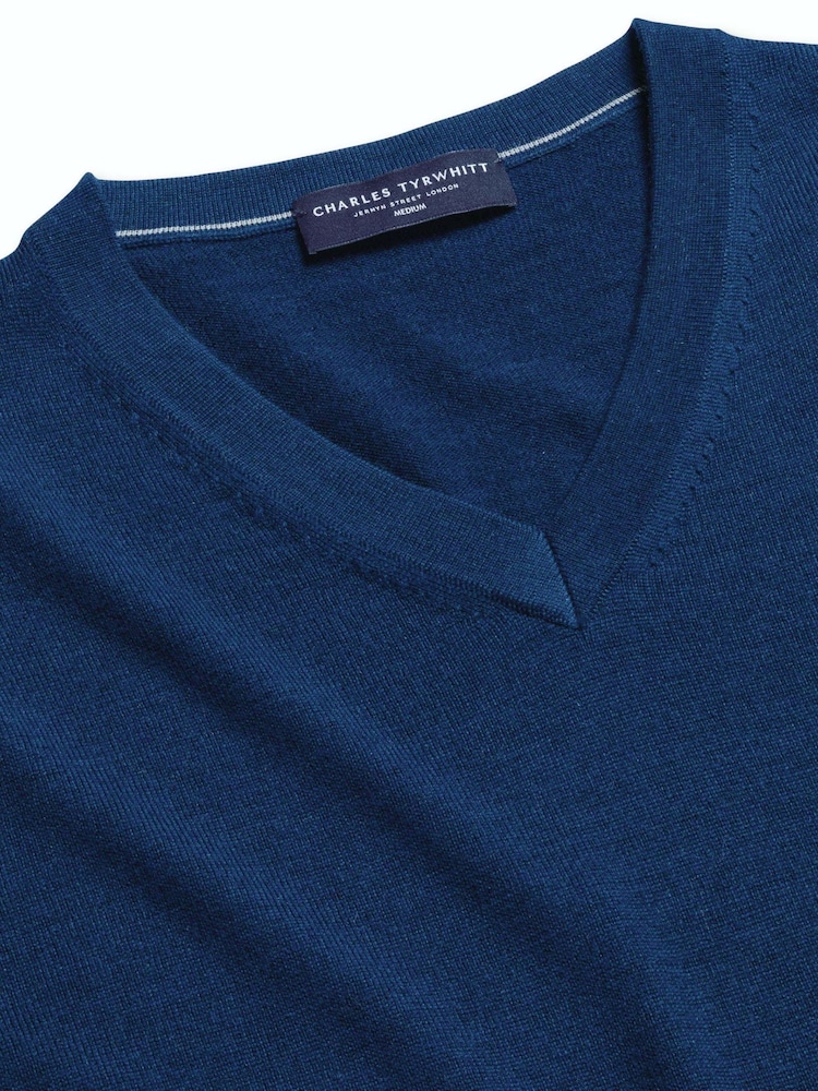 Charles Tyrwhitt Blue Pure Merino V-Neck Jumper - Image 5 of 5
