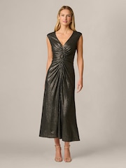 Adrianna Papell Black V-Neck Metallic Ankle Dress - Image 1 of 6