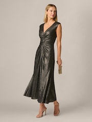 Adrianna Papell Black V-Neck Metallic Ankle Dress - Image 3 of 6