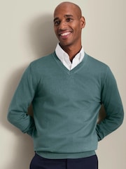 Charles Tyrwhitt Green Pure Merino V-Neck Jumper - Image 1 of 5