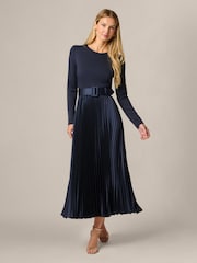 Adrianna Papell Blue Ponte Satin Pleat Dress - Image 1 of 6