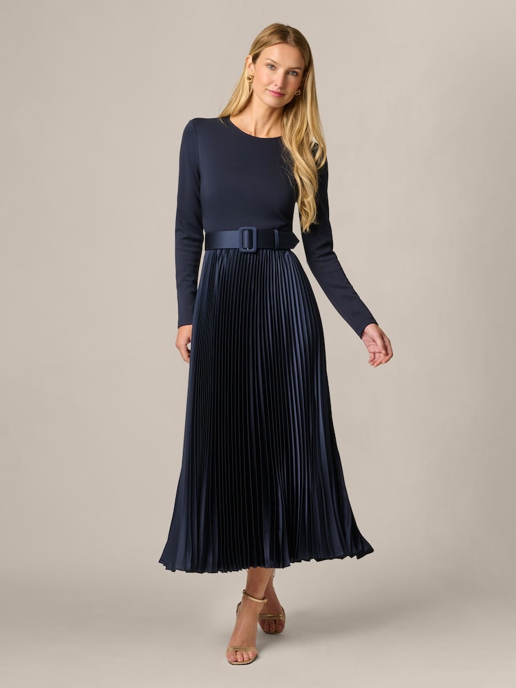 Adrianna Papell Blue Ponte Satin Pleat Dress - Image 1 of 6
