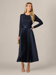 Adrianna Papell Blue Ponte Satin Pleat Dress - Image 3 of 6