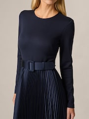 Adrianna Papell Blue Ponte Satin Pleat Dress - Image 4 of 6