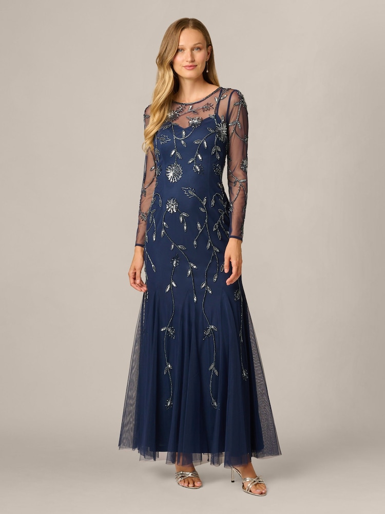 Adrianna Papell Blue Studio Long Sleeve Bead Dress - Image 1 of 6 Adrianna Papell Blue Studio Long Sleeve Bead Dress - Image 1 of 6