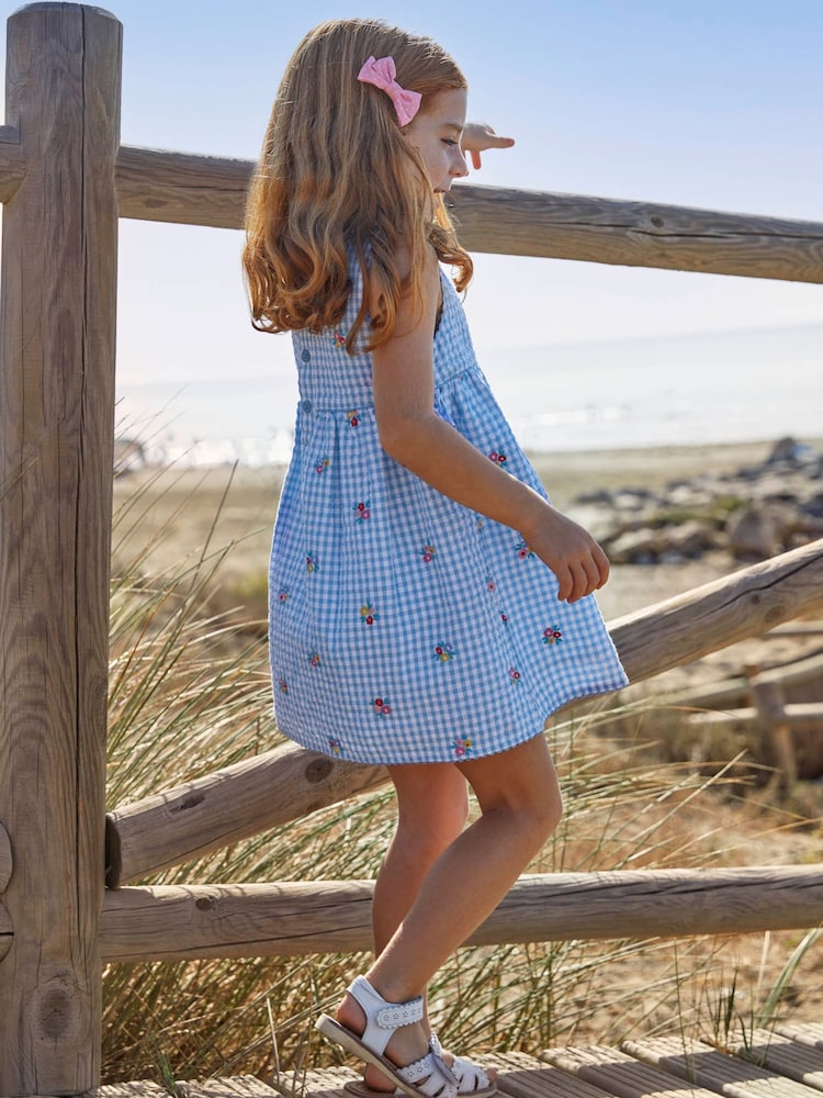 JoJo Maman Bébé Blue Gingham Floral Embroidered Dress - Image 2 of 5