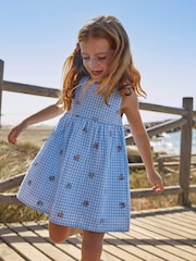JoJo Maman Bébé Blue Gingham Floral Embroidered Dress - Image 3 of 5