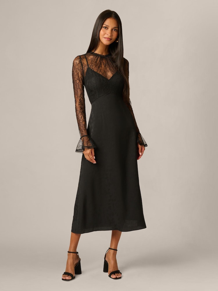 Adrianna Papell Black Combo Satin Ankle Dress - Image 1 of 6 Adrianna Papell Black Combo Satin Ankle Dress - Image 1 of 6