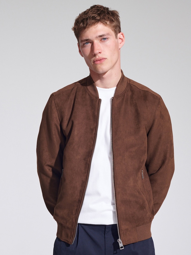 Brown Faux Suede Bomber Jacket - Image 1 of 10