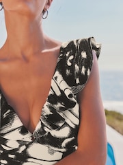 Black/Cream Butterfly Frill Plunge Tummy Shaping Control Swimsuit - Image 5 of 6