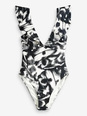 Black/Cream Butterfly Frill Plunge Tummy Shaping Control Swimsuit - Image 6 of 6