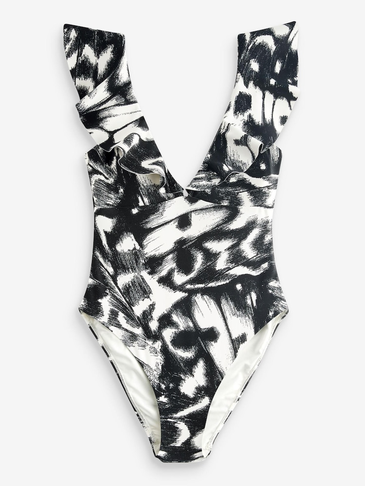 Black/Cream Butterfly Frill Plunge Tummy Shaping Control Swimsuit - Image 6 of 6