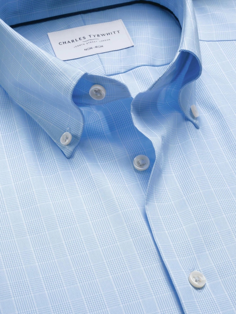 Charles Tyrwhitt Blue Prince Of Wales Non-iron Stretch Pinpoint Oxford Slim Fit Shirt - Image 4 of 4