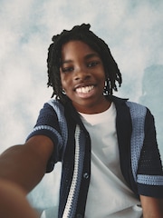 Blue Crochet Stripe Short Sleeved Polo Shirt (3-16yrs) - Image 10 of 13