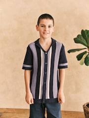 Blue Crochet Stripe Short Sleeved Polo Shirt (3-16yrs) - Image 4 of 13