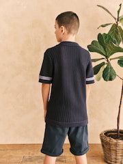 Blue Crochet Stripe Short Sleeved Polo Shirt (3-16yrs) - Image 5 of 13