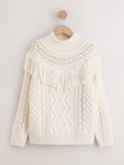 Ecru Fringe Tassel Long Sleeve Cable Jumper - Image 1 of 3