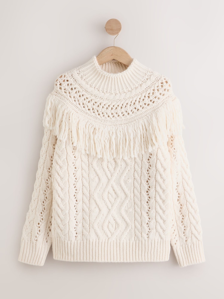 Ecru Fringe Tassel Long Sleeve Cable Jumper - Image 1 of 3