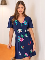 Pour Moi Blue Priya Slinky Jersey Panel Short Sleeve Dress - Image 1 of 5