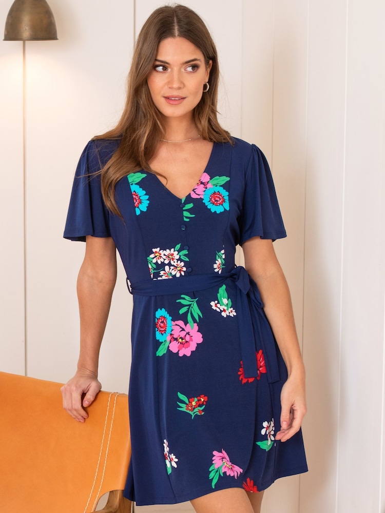 Pour Moi Blue Priya Slinky Jersey Panel Short Sleeve Dress - Image 1 of 5