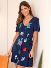 Pour Moi Blue Priya Slinky Jersey Panel Short Sleeve Dress - Image 2 of 5