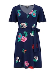 Pour Moi Blue Priya Slinky Jersey Panel Short Sleeve Dress - Image 4 of 5