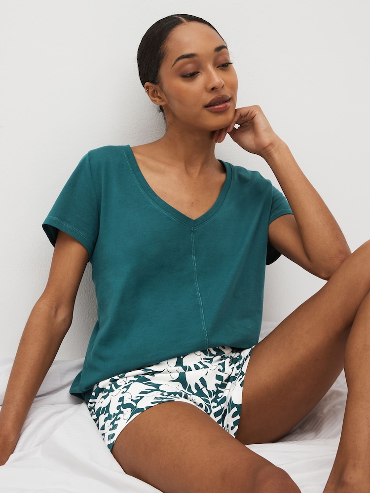 Teal Blue Elephant 100% Cotton Short Sleeve Pyjamas - Image 1 of 8