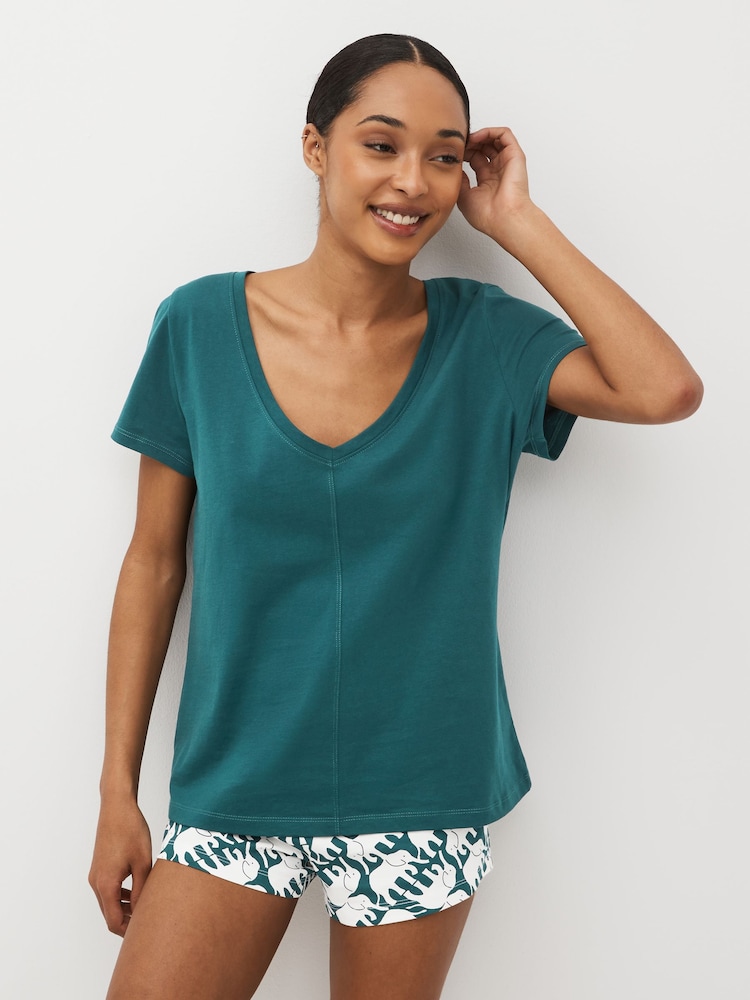 Teal Blue Elephant 100% Cotton Short Sleeve Pyjamas - Image 2 of 8